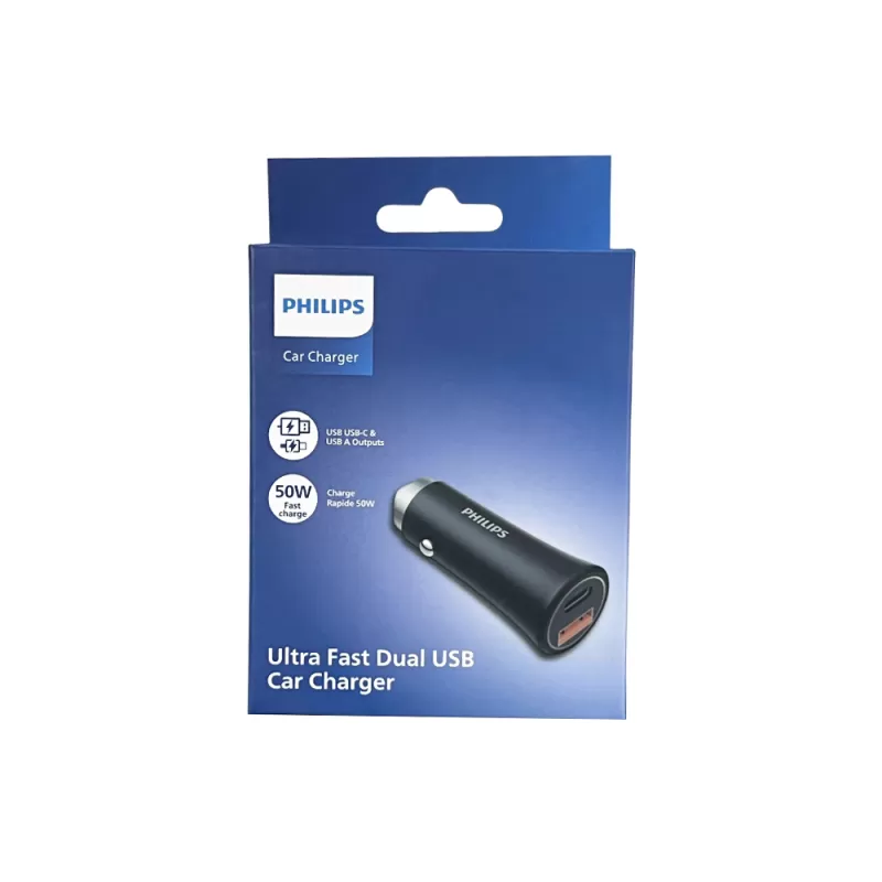 CARGADOR VEHICULAR PHILIPS DLP5522CB/70 50W USB-A/USB-C BLACK
