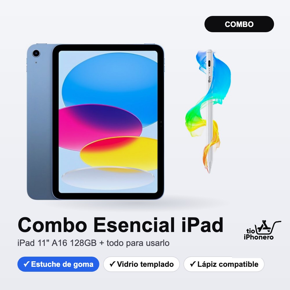 Combo Esencial iPad 11 A16 128GB con estuche, vidrio templado y lápiz - Tío Iphonero