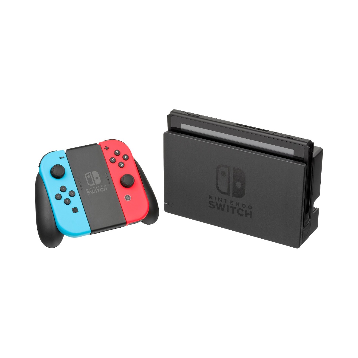Nintendo Switch con base dock y Joy-Con grip azul y rojo neón